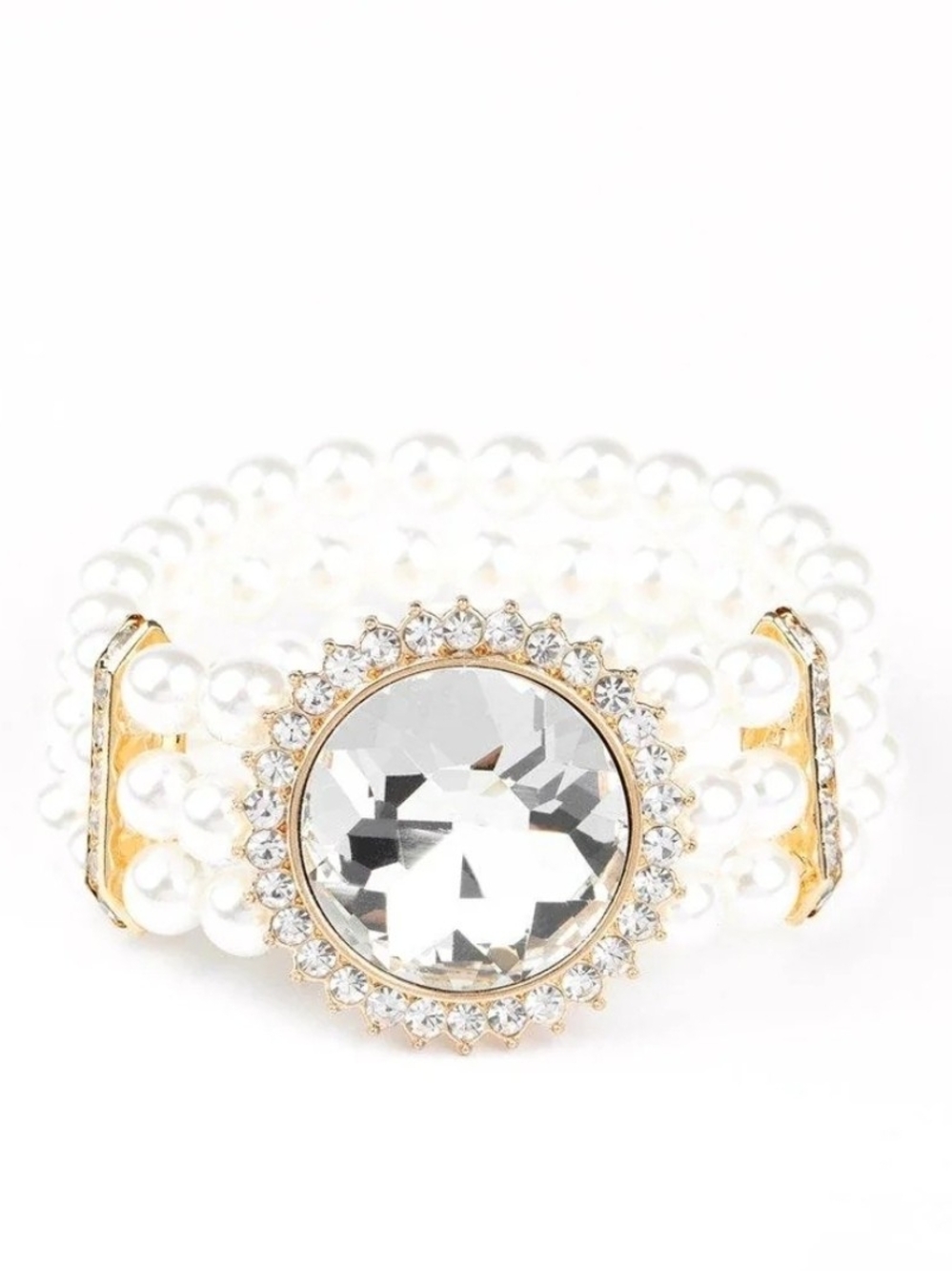 paparazzi White Pearl Stretch Bracelet with Gold and Clear Crystal Center